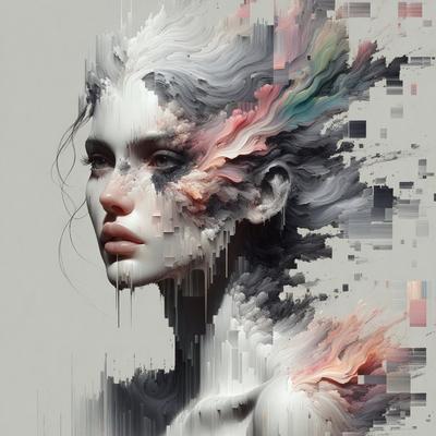 The primary subject of the image is a woman with a unique and artistic appearance. She is depicted with a mix of colors and patterns, giving her a distinct and visually striking look. The setting or background of the image features a gray and white color scheme, which complements the woman's vibrant and creative appearance. The visual style of the image is a combination of digital art and illustration, showcasing the artist's skill in creating a visually captivating and imaginative portrait. The overall atmosphere of the image is one of creativity, artistic expression, and individuality.